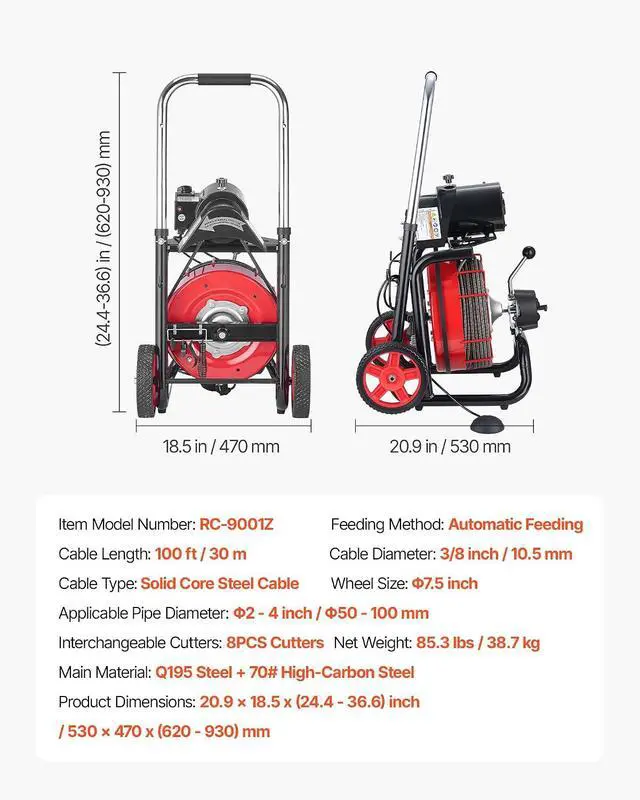 Alt view image 7 of 7 - Drain Cleaner Machine 100FT x 3/8 Inch, Auto Feed Sewer Snake Auger on Wheels, 370W Portable Drain Cleaning Machine with 8 Cutters & Air-activated Foot Switch for 2" to 4" Pipes