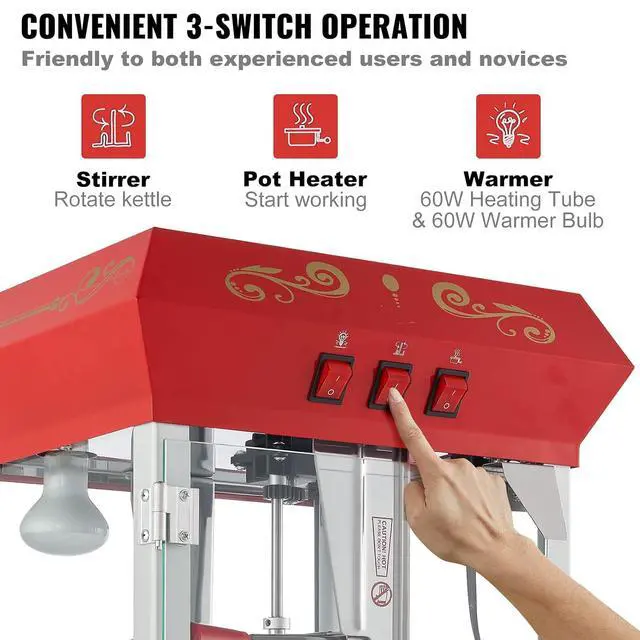 Alt view image 5 of 7 - Commercial Popcorn Machine, 8 Oz Kettle, 850 W Countertop Popcorn Maker for 48 Cups per Batch, Theater Style Popper with 3-Switch Control Steel Frame Tempered Glass Doors 2 Scoops 2 Spoons, Red