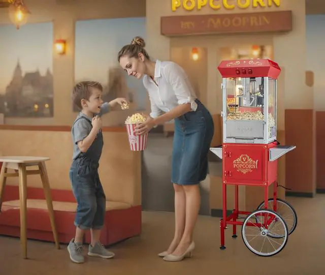 Alt view image 6 of 7 - Commercial Popcorn Machine, 8 Oz Kettle, 850 W Popcorn Maker on Wheels for 48 Cups per Batch, Theater Style Popper with 3-Switch Control Steel Frame Tempered Glass Doors Cart 1 Scoop 2 Spoons