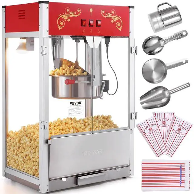 Main image of Popcorn Maker, 1615W Popcorn Popper Machine, 16 Oz Kettle Large Capacity Countertop Popcorn Maker with Tempered Glass, Includes 3 Stainless Steel Scoops, Movie Theater Style, Red