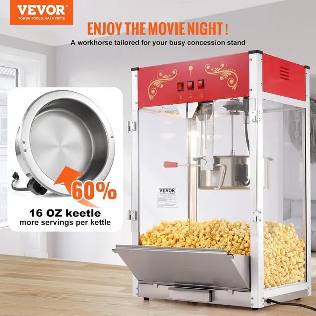 Alt view image 2 of 7 - Popcorn Maker, 1615W Popcorn Popper Machine, 16 Oz Kettle Large Capacity Countertop Popcorn Maker with Tempered Glass, Includes 3 Stainless Steel Scoops, Movie Theater Style, Red