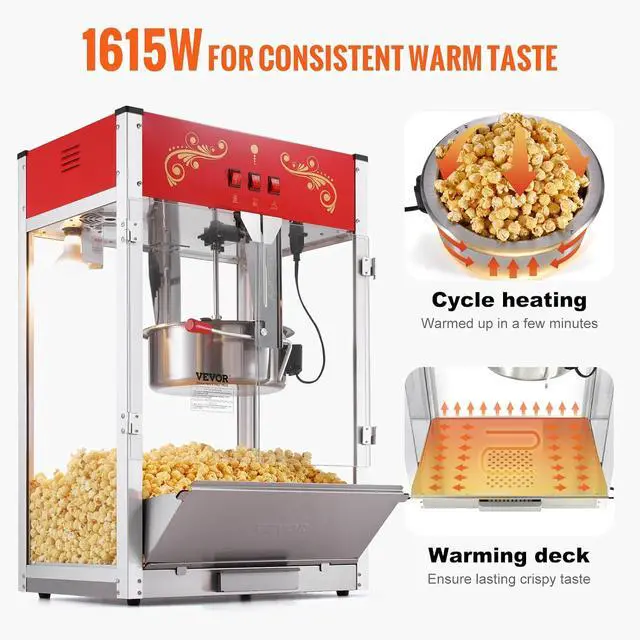 Alt view image 3 of 7 - Popcorn Maker, 1615W Popcorn Popper Machine, 16 Oz Kettle Large Capacity Countertop Popcorn Maker with Tempered Glass, Includes 3 Stainless Steel Scoops, Movie Theater Style, Red