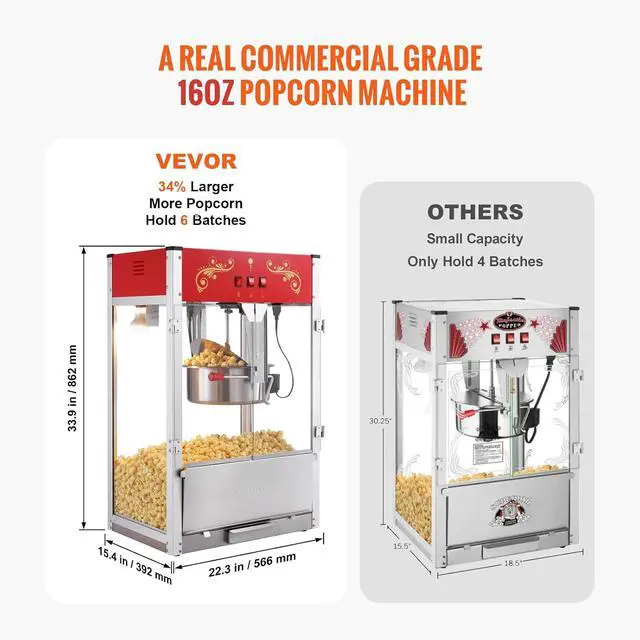 Alt view image 4 of 7 - Popcorn Maker, 1615W Popcorn Popper Machine, 16 Oz Kettle Large Capacity Countertop Popcorn Maker with Tempered Glass, Includes 3 Stainless Steel Scoops, Movie Theater Style, Red