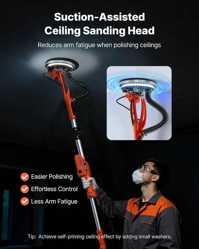 Alt view image 3 of 7 - Drywall Sander, 950W Electric Drywall Sander, Popcorn Ceiling Removal Tool with 7 Variable Speed 1000-2300 RPM, Double-Deck LED Light, Foldable & Extendable Handle, 15 Sanding Discs, Dust Hose