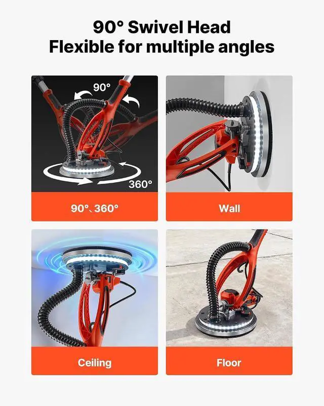 Alt view image 4 of 7 - Drywall Sander, 950W Electric Drywall Sander, Popcorn Ceiling Removal Tool with 7 Variable Speed 1000-2300 RPM, Double-Deck LED Light, Foldable & Extendable Handle, 15 Sanding Discs, Dust Hose