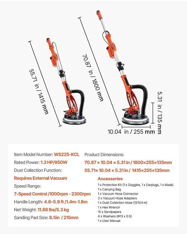 Alt view image 7 of 7 - Drywall Sander, 950W Electric Drywall Sander, Popcorn Ceiling Removal Tool with 7 Variable Speed 1000-2300 RPM, Double-Deck LED Light, Foldable & Extendable Handle, 15 Sanding Discs, Dust Hose