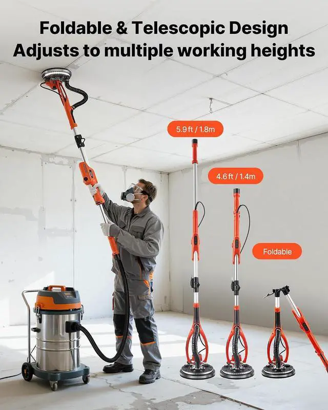 Alt view image 6 of 7 - Drywall Sander, 950W Electric Drywall Sander, Popcorn Ceiling Removal Tool with 7 Variable Speed 1000-2300 RPM, Double-Deck LED Light, Foldable & Extendable Handle, 15 Sanding Discs, Dust Hose