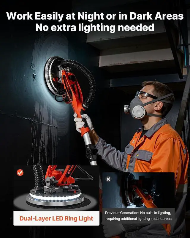 Alt view image 5 of 7 - Drywall Sander, 950W Electric Drywall Sander, Popcorn Ceiling Removal Tool with 7 Variable Speed 1000-2300 RPM, Double-Deck LED Light, Foldable & Extendable Handle, 15 Sanding Discs, Dust Hose