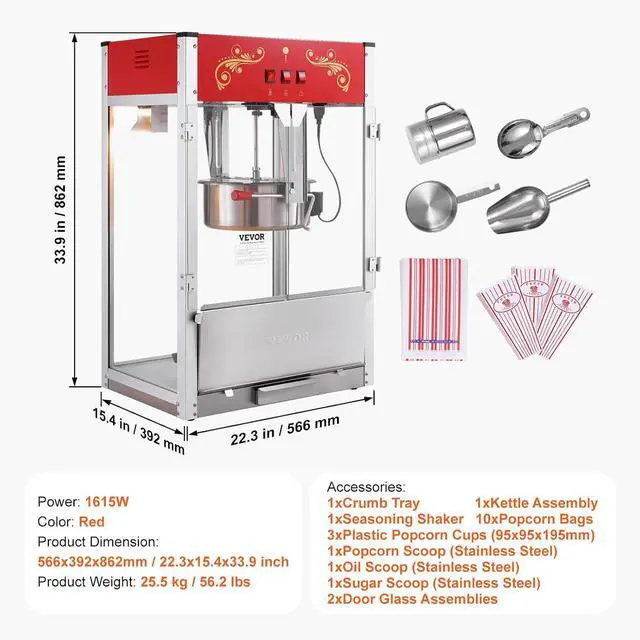 Alt view image 7 of 7 - Popcorn Maker, 1615W Popcorn Popper Machine, 16 Oz Kettle Large Capacity Countertop Popcorn Maker with Tempered Glass, Includes 3 Stainless Steel Scoops, Movie Theater Style, Red