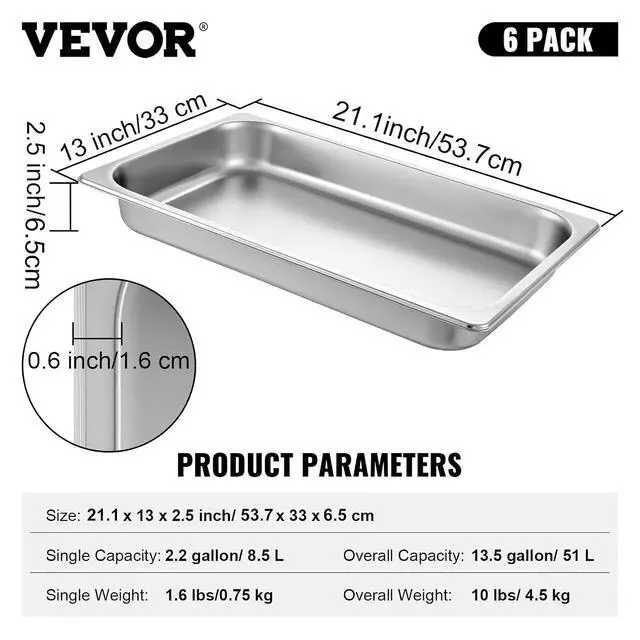 Alt view image 7 of 7 - 6 Pack Full Size Stainless Steel Hotel Pans, 2.5 inch Deep Steam Table Pans, 0.8mm Thick Anti-Jam Commercial Food Pans for Steam Tables, Restaurants,Catering Food Storage Metal Pan