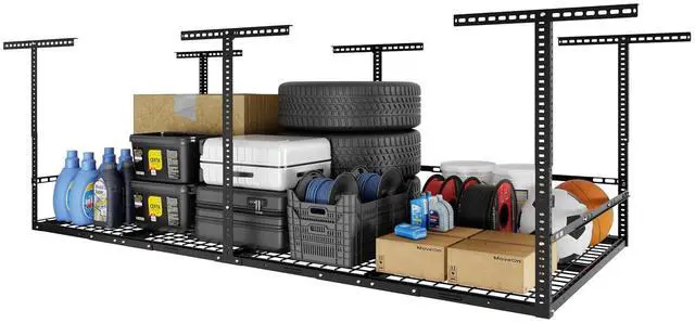 Main image of 4x8 Overhead Garage Storage Rack with 3-Sided Guard Rails, Heavy-Duty Metal Ceiling Racks, Safety Ceiling Storage System, 750 lbs Capacity, Adjustable Height 2240", Black, Classic Series