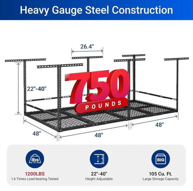 Alt view image 2 of 7 - 4x8 Overhead Garage Storage Rack with 3-Sided Guard Rails, Heavy-Duty Metal Ceiling Racks, Safety Ceiling Storage System, 750 lbs Capacity, Adjustable Height 2240", Black, Classic Series