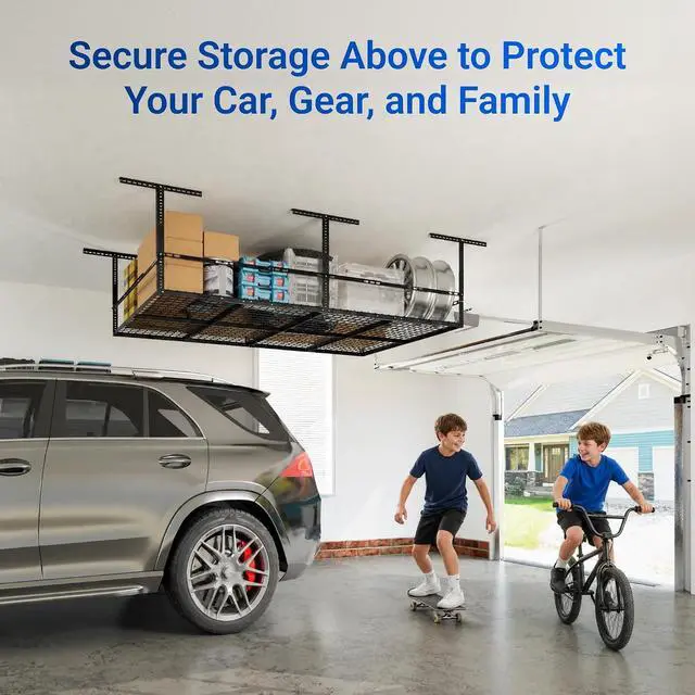 Alt view image 4 of 7 - 4x8 Overhead Garage Storage Rack with 3-Sided Guard Rails, Heavy-Duty Metal Ceiling Racks, Safety Ceiling Storage System, 750 lbs Capacity, Adjustable Height 2240", Black, Classic Series