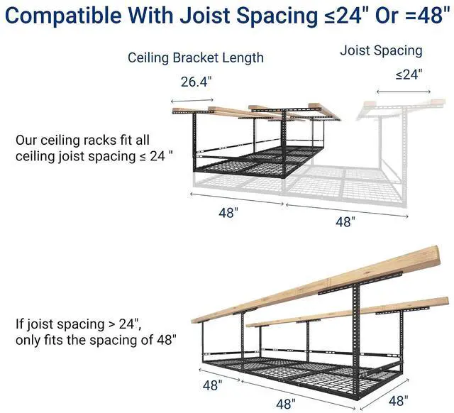 Alt view image 7 of 7 - 4x8 Overhead Garage Storage Rack with 3-Sided Guard Rails, Heavy-Duty Metal Ceiling Racks, Safety Ceiling Storage System, 750 lbs Capacity, Adjustable Height 2240", Black, Classic Series