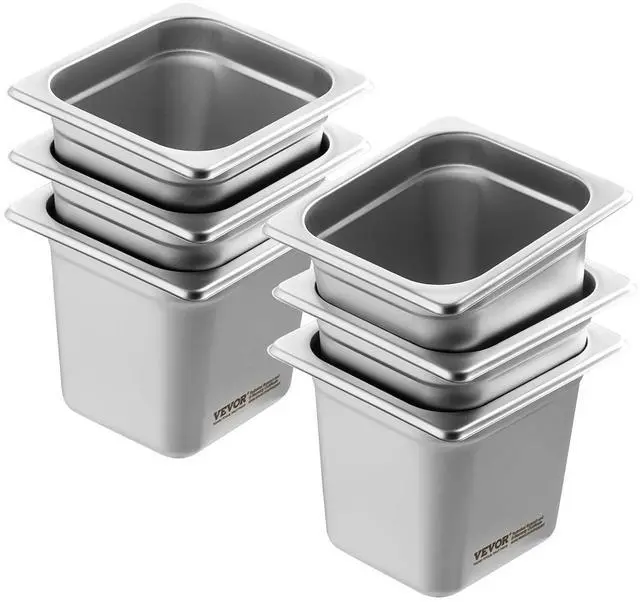 Main image of 6 Pack Stainless Steel Hotel Pans - 1/6 Size 6-Inch Deep 0.8mm Thick Anti-Jam Commercial Food Pans for Steam Tables, Restaurants, Catering & Industrial Use