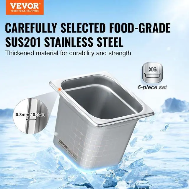 Alt view image 3 of 7 - 6 Pack Stainless Steel Hotel Pans - 1/6 Size 6-Inch Deep 0.8mm Thick Anti-Jam Commercial Food Pans for Steam Tables, Restaurants, Catering & Industrial Use