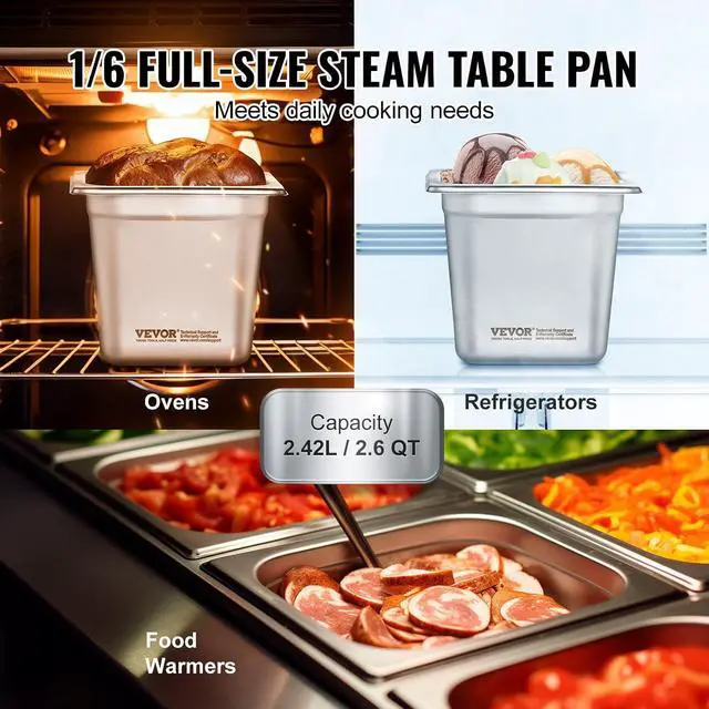 Alt view image 4 of 7 - 6 Pack Stainless Steel Hotel Pans - 1/6 Size 6-Inch Deep 0.8mm Thick Anti-Jam Commercial Food Pans for Steam Tables, Restaurants, Catering & Industrial Use