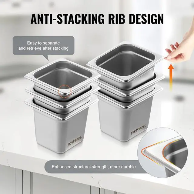 Alt view image 5 of 7 - 6 Pack Stainless Steel Hotel Pans - 1/6 Size 6-Inch Deep 0.8mm Thick Anti-Jam Commercial Food Pans for Steam Tables, Restaurants, Catering & Industrial Use