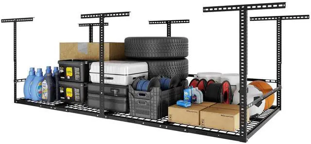 Main image of 4x8 Overhead Garage Storage Rack with 3-Sided Guard Rails, Heavy-Duty Metal Ceiling Racks, 750 lbs Capacity, 2240" Height Adjustable Organization System, Hammertone, Classic Series