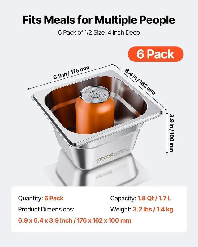 Alt view image 3 of 7 - 6 Pack Stainless Steam Hotel Pans, 1/6 Size Table Steam Pan, 4 Inch Deep, Anti Jam Restaurant Supplies Reusable Rustproof Catering Storage for Home, Party, Restaurant, Hotel, Buffet
