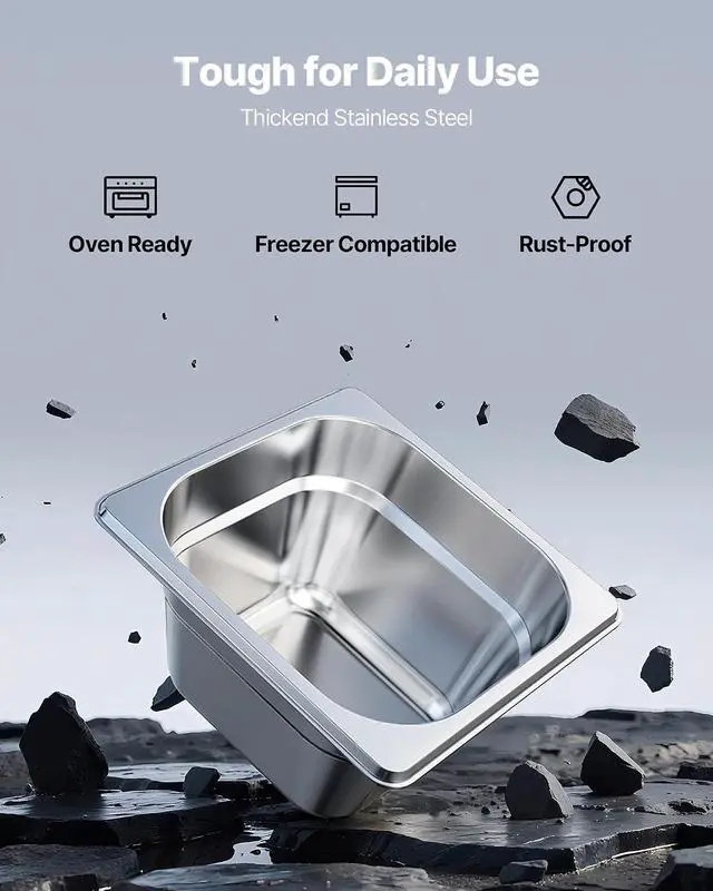 Alt view image 2 of 7 - 6 Pack Stainless Steam Hotel Pans, 1/6 Size Table Steam Pan, 4 Inch Deep, Anti Jam Restaurant Supplies Reusable Rustproof Catering Storage for Home, Party, Restaurant, Hotel, Buffet