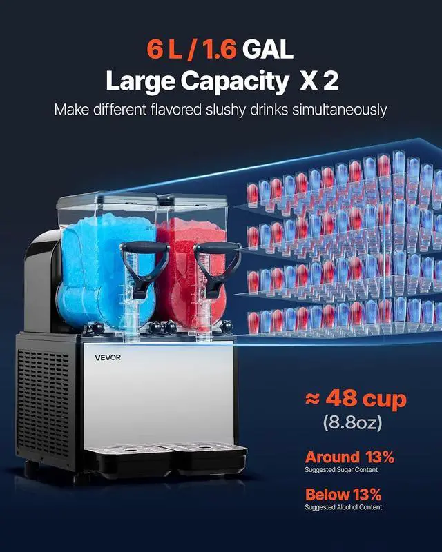 Alt view image 2 of 7 - Slushie Machine, 6L/1.6Gal x 2 Tank Commercial Slushy Maker, Frozen Drink Maker with Self-Cleaning, Margarita Machine for Restaurants Bars Party for Slushie, Margaritas, Milkshake & More