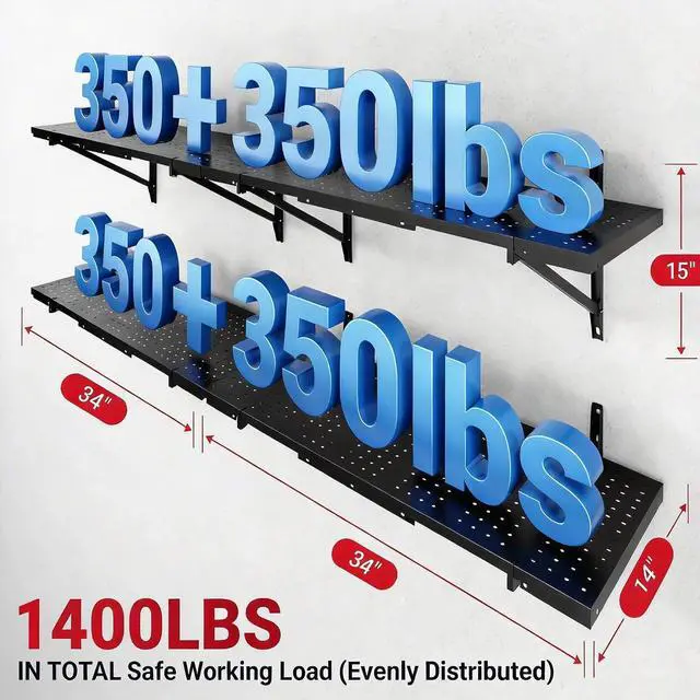 Alt view image 3 of 7 - 2-Pack 1x6ft Heavy Duty Garage Wall Shelving, Perforated Metal Garage Shelving Wall Mounted, 1400 lbs Capacity, Garage Organization System for Tools, Bins & Space Saving