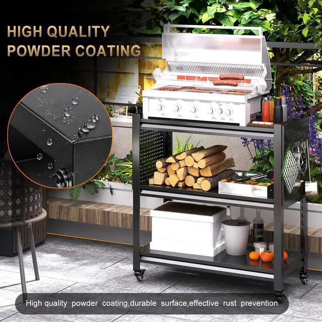 Alt view image 4 of 6 - Outdoor Cart Grill Table with Storage, Heavy Duty Metal Rolling Grill Cart,Grill Stand Side Table for Outdoor Cooking Station Pizza Oven,Black,33.46"*32.68"*15.75"