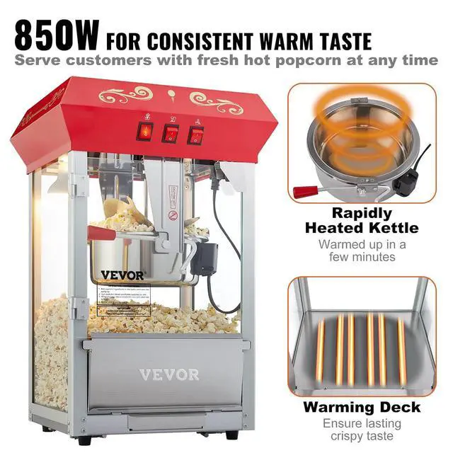 Alt view image 4 of 7 - Commercial Popcorn Machine, 8 Oz Kettle, 850 W Countertop Popcorn Maker for 48 Cups per Batch, Theater Style Popper with 3-Switch Control Steel Frame Tempered Glass Doors 2 Scoops 2 Spoons, Red