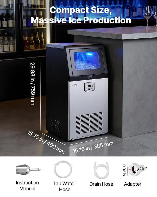 Alt view image 7 of 7 - Commercial Ice Maker Machine, 100 lbs/24h with 30 lbs Storage Capacity, Built-in/Freestanding/Under Counter, Stainless Steel Ice Maker with LED Display & Self-Cleaning, for Home Bar Restaurant
