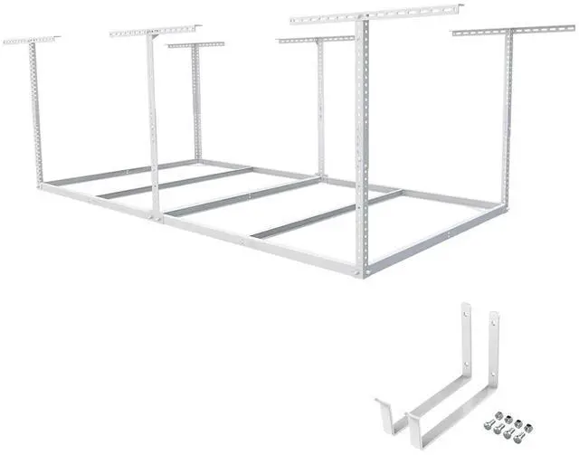 Main image of 4x8 Overhead Garage Storage Rack without Decking,plus 2-Pack Add-On Storage Utility Hook Accessory,600lbs Weight Capacity, White