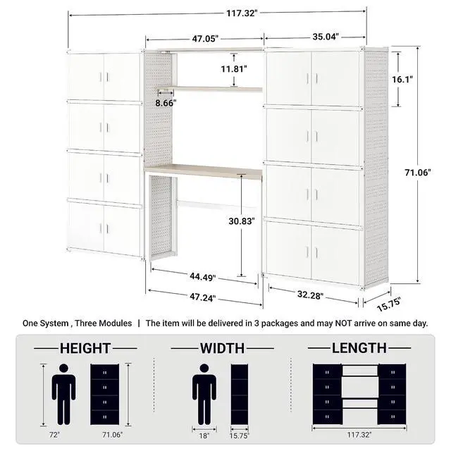 Alt view image 2 of 7 - Garage Storage Cabinet System, 3-in-1 Modular System with Integrated Workbench, Cabinets & Pegboard, 24-Gauge Steel, 117" L, 8-Door Cabinet for Garage Workshop, White, FLEXIMOD Series