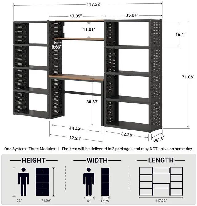 Alt view image 2 of 7 - Garage Storage System with Workbench & Pegboard, 117" Modular Garage Organization System, Heavy Duty Steel Garage Shelving & Tool Organizer for Garage Workshop, Black FLEXIMOD Series