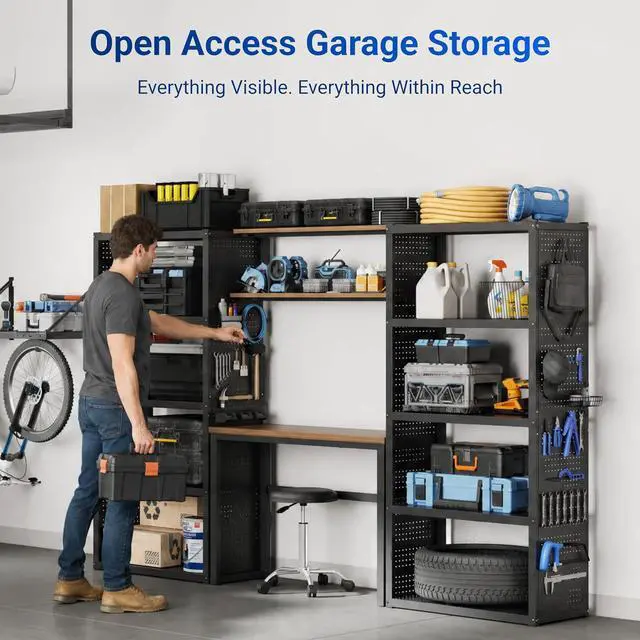 Alt view image 3 of 7 - Garage Storage System with Workbench & Pegboard, 117" Modular Garage Organization System, Heavy Duty Steel Garage Shelving & Tool Organizer for Garage Workshop, Black FLEXIMOD Series