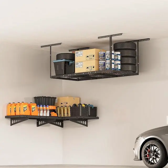 Main image of 3x6 Overhead Garage Storage Rack, plus 2-Pack 2x4ft Corner Wall Mounted Floating Shelves, 450lbs+440lbs Capacity, Heavy-Duty Garage Organizer, Black