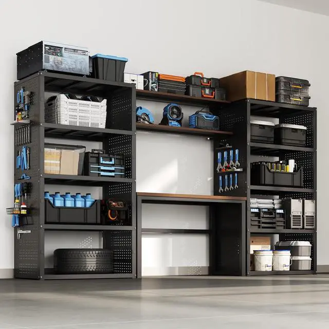 Main image of Garage Storage System with Workbench & Pegboard, 117" Modular Garage Organization System, Heavy Duty Steel Garage Shelving & Tool Organizer for Garage Workshop, Black FLEXIMOD Series