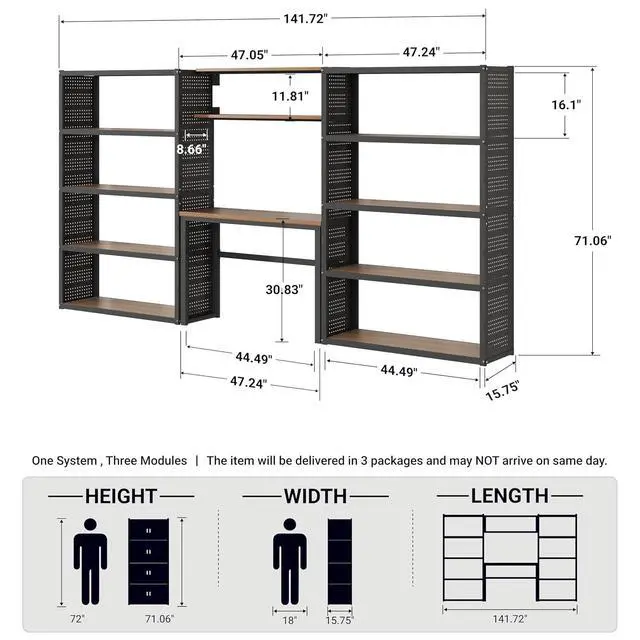 Alt view image 2 of 7 - Garage Storage System with Workbench & Pegboard, 142" Modular Garage Organization System, Steel Garage Shelving with Wood Shelves & Tool Organizer for Garage, Black FLEXIMOD Series