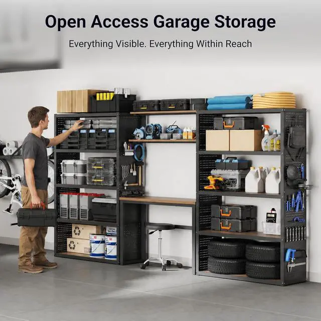 Alt view image 3 of 7 - Garage Storage System with Workbench & Pegboard, 142" Modular Garage Organization System, Steel Garage Shelving with Wood Shelves & Tool Organizer for Garage, Black FLEXIMOD Series