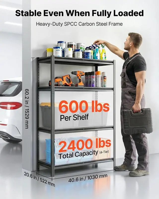 Alt view image 3 of 7 - Storage Shelves, 4-Tier Adjustable, 2400 lbs Capacity, Heavy Duty Garage Storage Shelving Unit, Metal Utility Rack Shelf, for Garage Workshop Warehouse Basement, 40.55" W x 20.55" D x 60.2" H