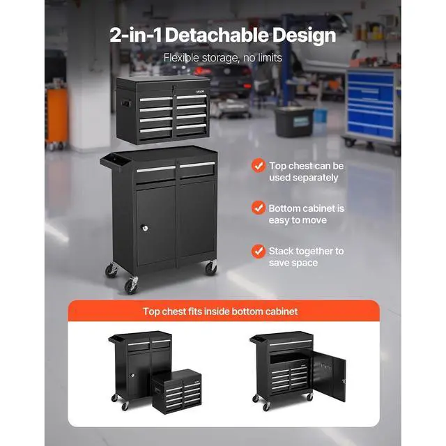 Alt view image 2 of 7 - Rolling Tool Chest, 2-in-1 Design, 5 Drawers Tool Cabinet Organizer with Detachable Top Metal Toolbox, Lock Bar, Protective Liner, and Tools Rack, Garage Storage Cabinet for Warehouse, Workshop