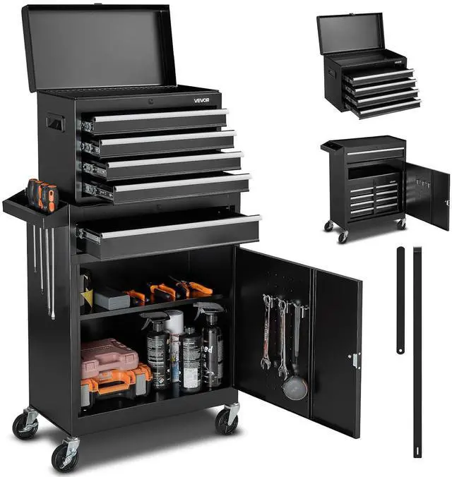 Main image of Rolling Tool Chest, 2-in-1 Design, 5 Drawers Tool Cabinet Organizer with Detachable Top Metal Toolbox, Lock Bar, Protective Liner, and Tools Rack, Garage Storage Cabinet for Warehouse, Workshop