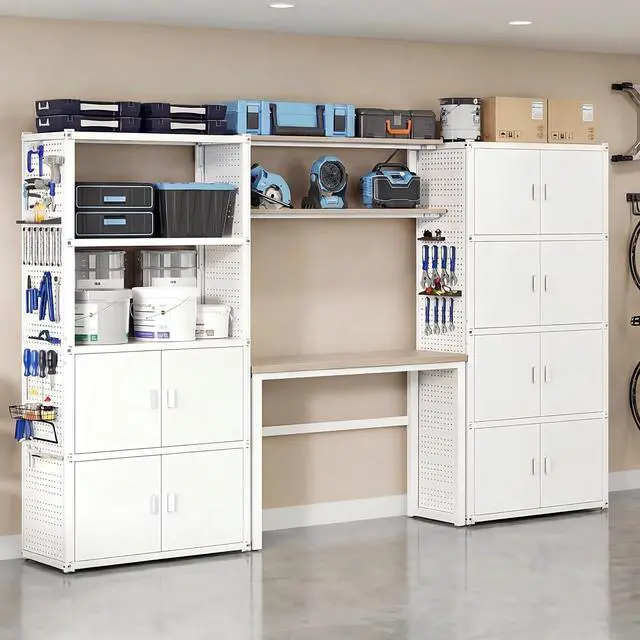 Main image of Garage Storage Cabinet System, 3-in-1 Modular System with Integrated Workbench, Cabinets & Pegboard, 24-Gauge Steel, 117" L, 6-Door Cabinet for Garage Workshop, White, FLEXIMOD Series