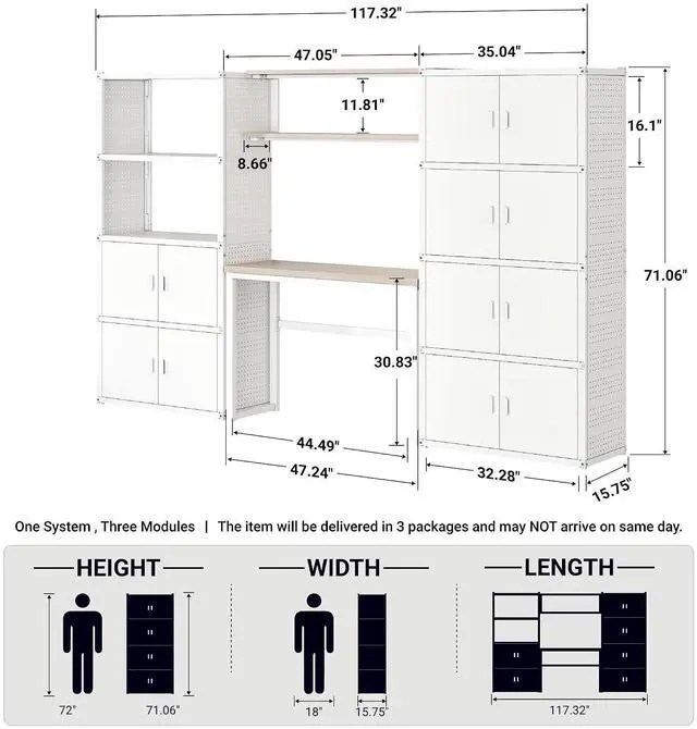 Alt view image 2 of 7 - Garage Storage Cabinet System, 3-in-1 Modular Metal Tool Cabinet w/Workbench and Metal Board Shelf Includes Pegboard, 24-Gauge Steel, 117"(L) w/ 6 Doors, White, FLEXIMOD Series