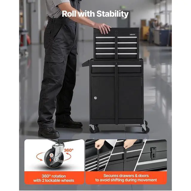 Alt view image 5 of 7 - Rolling Tool Chest, 2-in-1 Design, 5 Drawers Tool Cabinet Organizer with Detachable Top Metal Toolbox, Lock Bar, Protective Liner, and Tools Rack, Garage Storage Cabinet for Warehouse, Workshop