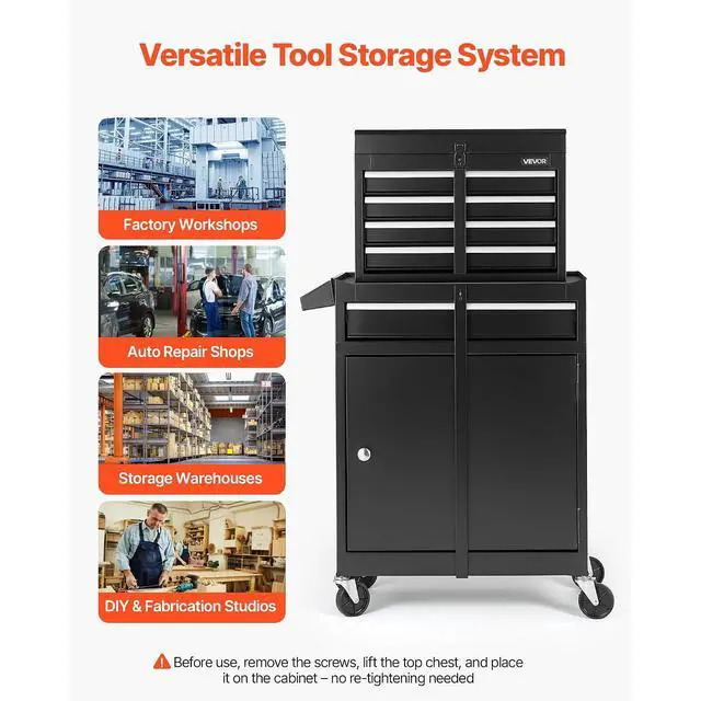 Alt view image 6 of 7 - Rolling Tool Chest, 2-in-1 Design, 5 Drawers Tool Cabinet Organizer with Detachable Top Metal Toolbox, Lock Bar, Protective Liner, and Tools Rack, Garage Storage Cabinet for Warehouse, Workshop