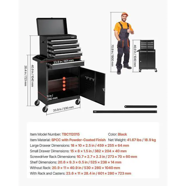 Alt view image 7 of 7 - Rolling Tool Chest, 2-in-1 Design, 5 Drawers Tool Cabinet Organizer with Detachable Top Metal Toolbox, Lock Bar, Protective Liner, and Tools Rack, Garage Storage Cabinet for Warehouse, Workshop