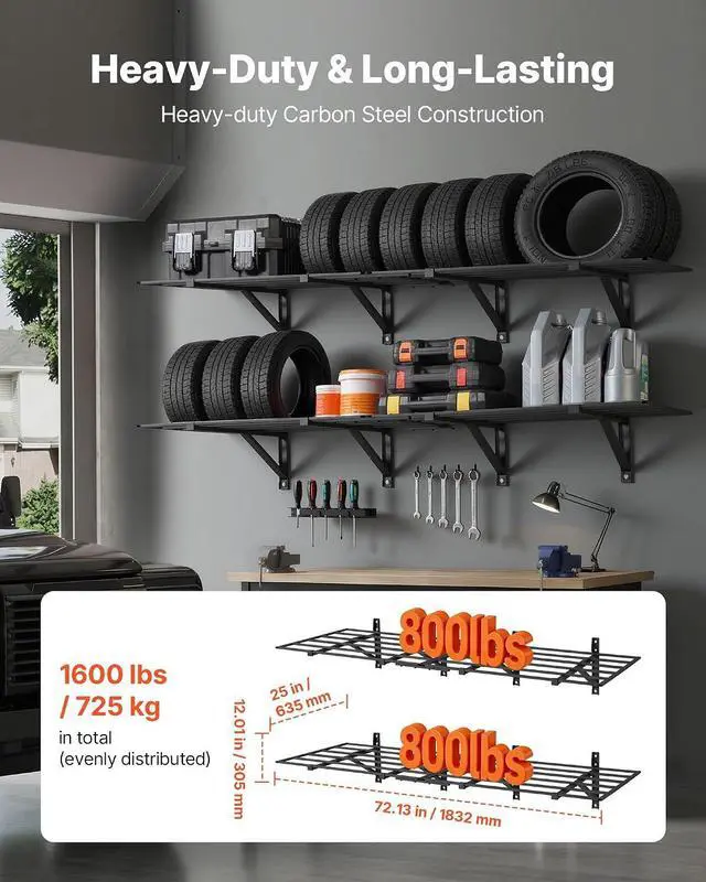 Alt view image 4 of 7 - 2-Pack Heavy Duty Garage Wall Shelving, 2 x 6 ft Steel Wall Mounted Shelving Unit, 24 x 72 Inch Per Shelf Floating Storage Metal Rack for Garage, 1600 lbs Total Weight Capacity