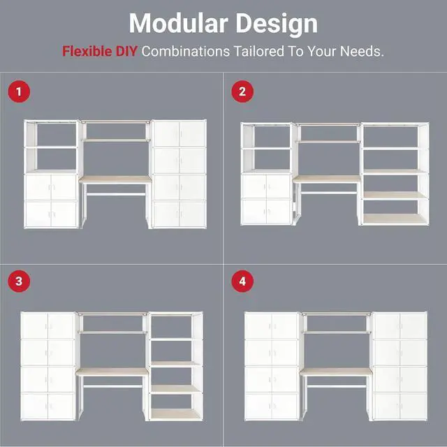 Alt view image 3 of 7 - Garage Storage Cabinet System, 3-in-1 Modular System with Integrated Workbench, Cabinets & Pegboard, 24-Gauge Steel, 117" L, 8-Door Cabinet for Garage Workshop, White, FLEXIMOD Series