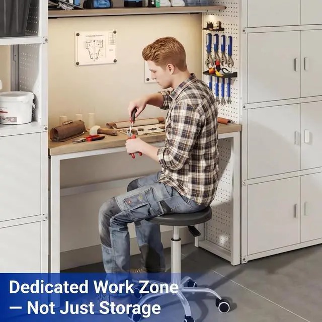 Alt view image 4 of 7 - Garage Storage Cabinet System, 3-in-1 Modular System with Integrated Workbench, Cabinets & Pegboard, 24-Gauge Steel, 117" L, 8-Door Cabinet for Garage Workshop, White, FLEXIMOD Series