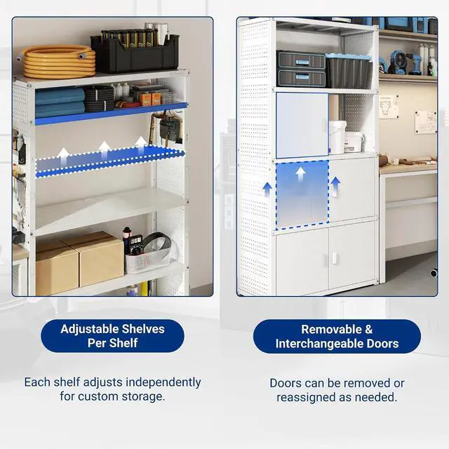 Alt view image 6 of 7 - Garage Storage Cabinet System, 3-in-1 Modular System with Integrated Workbench, Cabinets & Pegboard, 24-Gauge Steel, 117" L, 8-Door Cabinet for Garage Workshop, White, FLEXIMOD Series